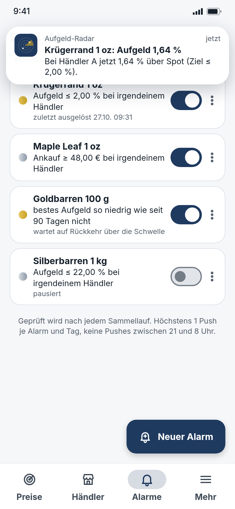 Preis-Alarme mit Beispielwerten und eingehender Mitteilung: Krügerrand 1 oz, Aufgeld 1,64 % bei Händler A