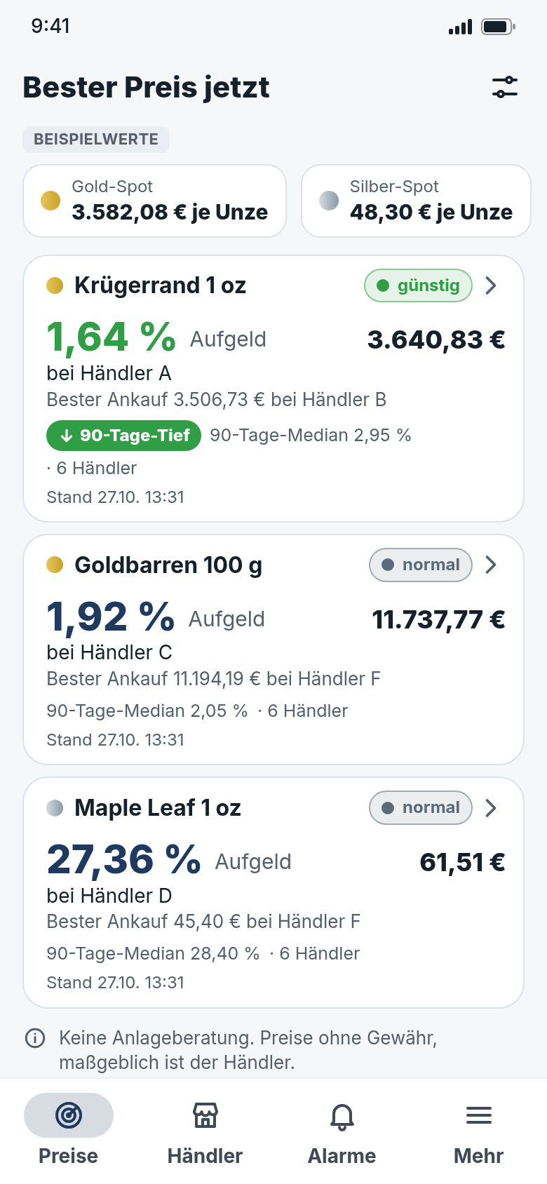 Startseite „Bester Preis jetzt“ mit Beispielwerten: Krügerrand 1 oz mit 1,64 % Aufgeld, Ampel günstig und 90-Tage-Tief, darunter Goldbarren 100 g und Silber-Maple-Leaf